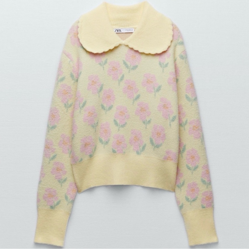 Nwot Zara Pale Yellow Floral Crewneck Sweater sz M - Picture 3 of 6